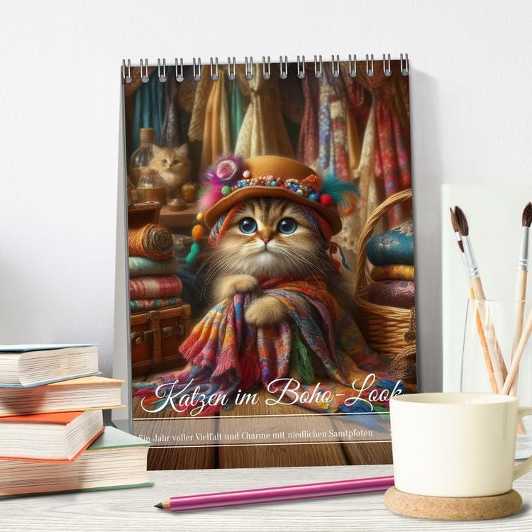 Produktbild: Katzen im Boho-Look - Ein Jahr voller Vielfalt und Charme mit niedlichen Samtpfoten (Tischkalender 2026 DIN A5 hoch), CALVENDO Monatskalender