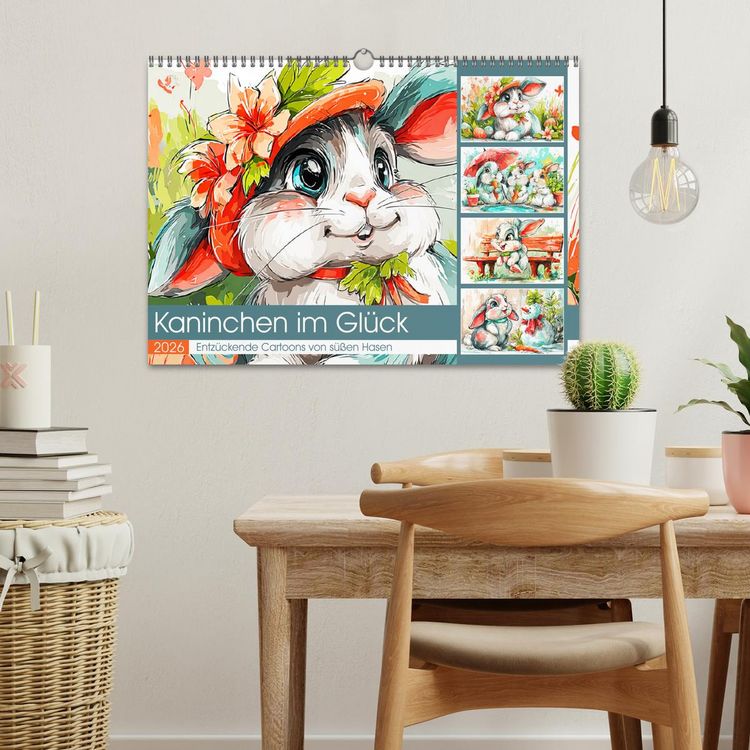 Produktbild: Kaninchen im Gl&uuml;ck. Entz&uuml;ckende Cartoons von s&uuml;&szlig;en Hasen (Wandkalender 2026 DIN A3 quer), CALVENDO Monatskalender