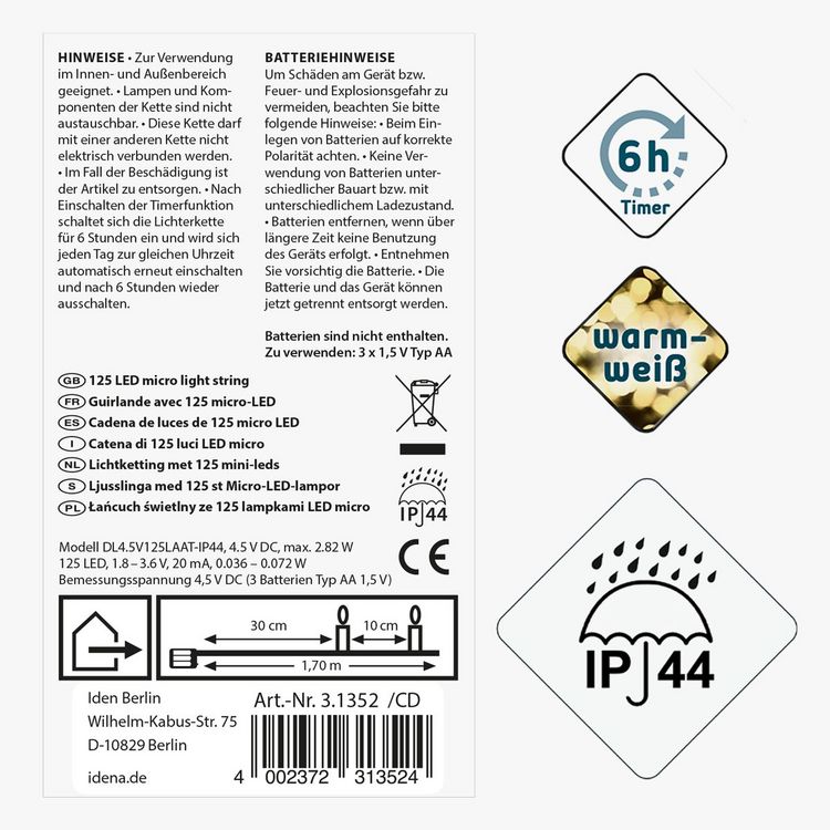 Produktbild: Idena Lichterkette 125 LED Cascade 6h Timer 1,7m