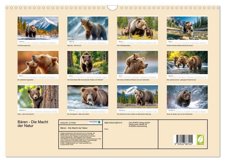 Produktbild: B&auml;ren - Die Macht der Natur (Wandkalender 2026 DIN A3 quer), CALVENDO Monatskalender