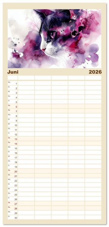 Produktbild: Familienplaner 2026 - Katzensymphonie in Aquarell mit 5 Spalten (Wandkalender, 21 x 45 cm) CALVENDO