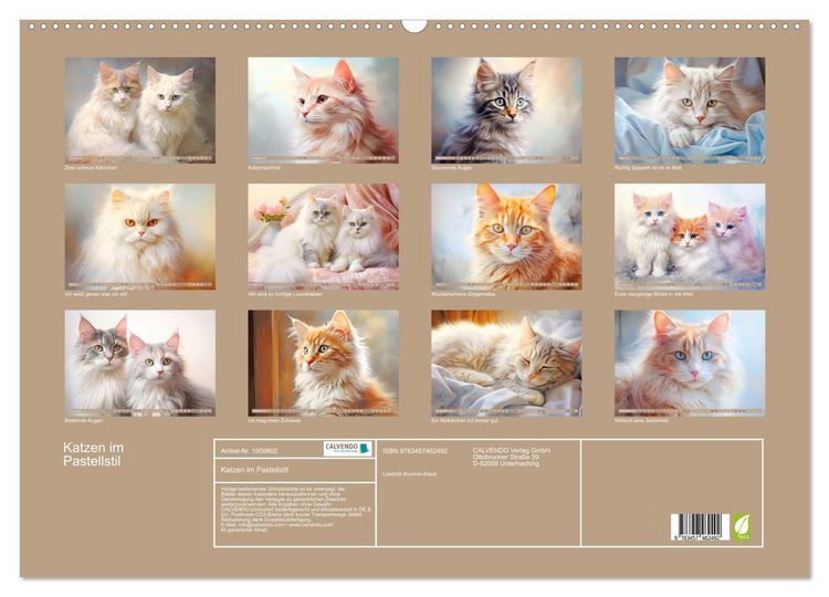Produktbild: Katzen im Pastellstil (Wandkalender 2026 DIN A2 quer), CALVENDO Monatskalender