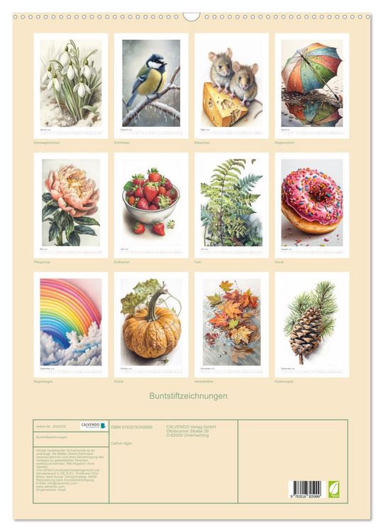 Produktbild: Buntstiftzeichnungen (Wandkalender 2026 DIN A2 hoch), CALVENDO Monatskalender