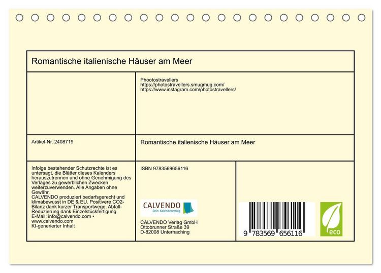 Produktbild: Romantische italienische H&auml;user am Meer (Tischkalender 2027 DIN A5 quer), CALVENDO Monatskalender