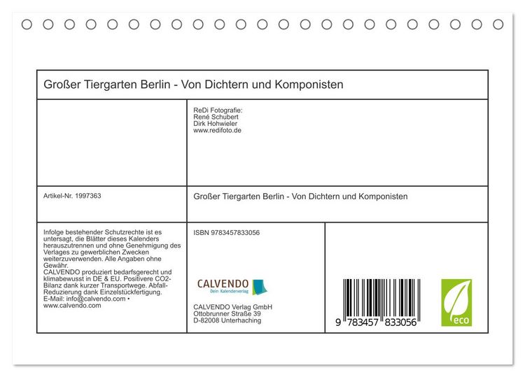 Produktbild: Gro&szlig;er Tiergarten Berlin - Von Dichtern und Komponisten (Tischkalender 2026 DIN A5 quer), CALVENDO Monatskalender