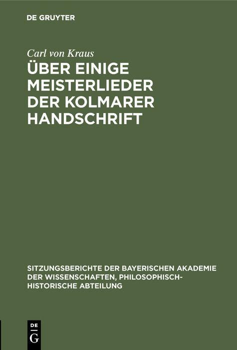 Produktbild: &Uuml;ber einige Meisterlieder der Kolmarer Handschrift