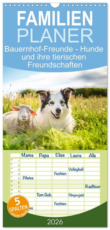 Produktbild: Familienplaner 2026 - Bauernhof-Freunde - Hunde und ihre tierischen Freundschaften mit 5 Spalten (Wandkalender, 21 x 45 cm) CALVENDO