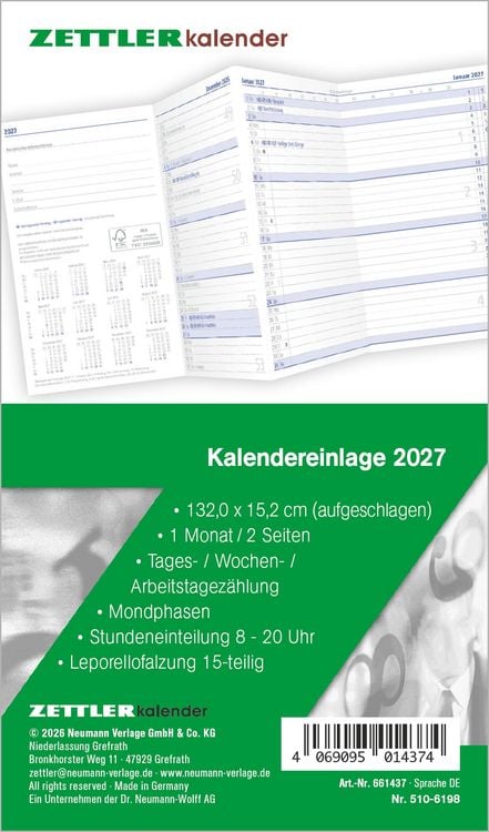 Produktbild: Kalenderersatzeinlage TP 1M/2S Leporello 2027