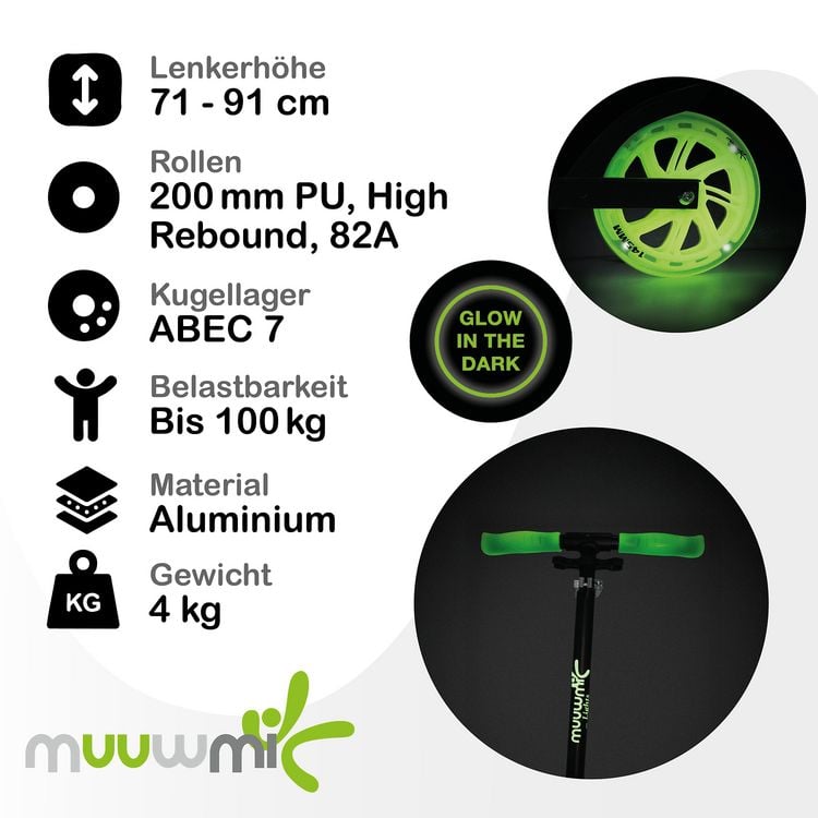 Produktbild: muuwmi Lights Aluminium Scooter GLOW 200 mm, mit Leuchtrollen und Glow-Effekt