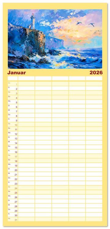 Produktbild: Familienplaner 2026 - Ein Tag am Meer - Durch die Augen der Impressionisten mit 5 Spalten (Wandkalender, 21 x 45 cm) CALVENDO
