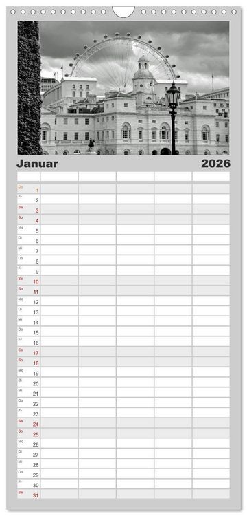 Produktbild: Familienplaner 2026 - London in Schwarz-Wei&szlig; mit 5 Spalten (Wandkalender, 21 x 45 cm) CALVENDO