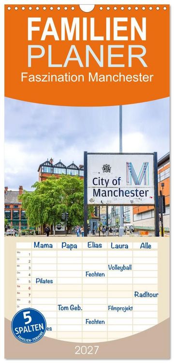 Produktbild: Familienplaner 2027 - Faszination Manchester mit 5 Spalten (Wandkalender, 21 x 45 cm) CALVENDO