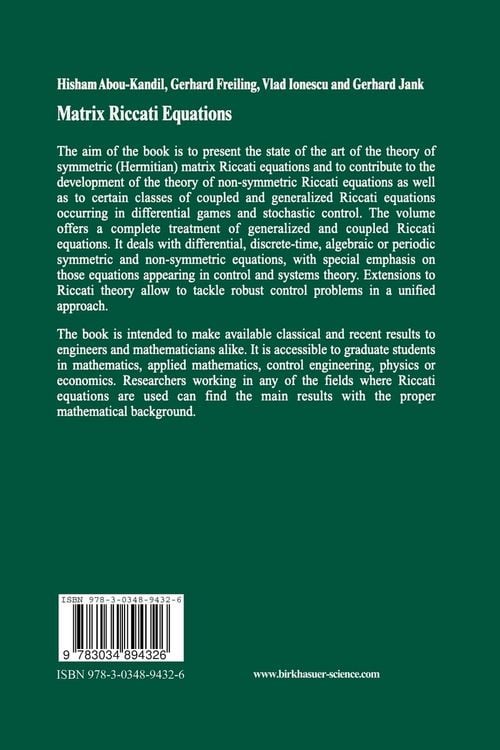 Produktbild: Matrix Riccati Equations in Control and Systems Theory