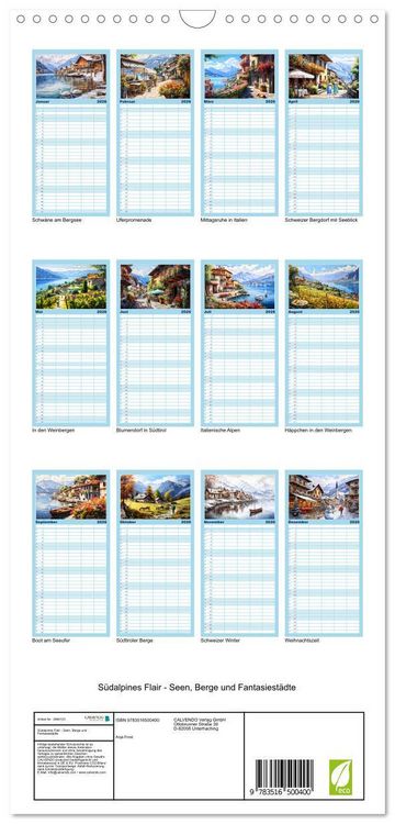 Produktbild: Familienplaner 2026 - S&uuml;dalpines Flair - Seen, Berge und Fantasiest&auml;dte mit 5 Spalten (Wandkalender, 21 x 45 cm) CALVENDO