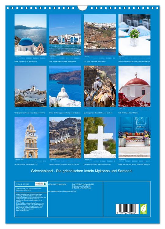 Produktbild: Griechenland - Die griechischen Inseln Mykonos und Santorini (Wandkalender 2026 DIN A3 hoch), CALVENDO Monatskalender