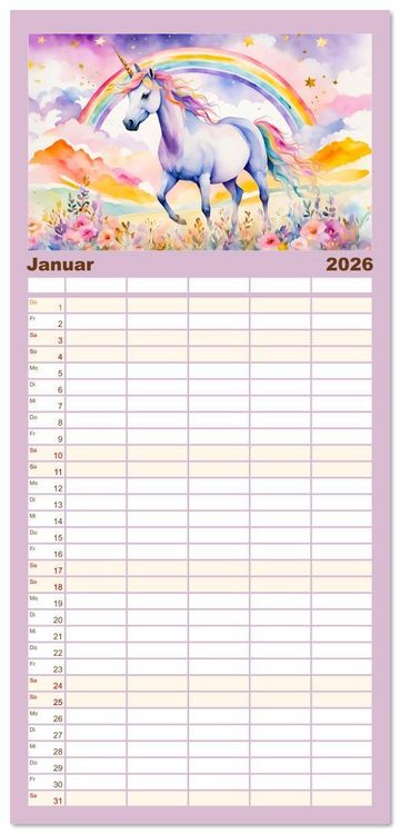 Produktbild: Familienplaner 2026 - Magische Einh&ouml;rner - Traumlandschaften unterm Regenbogen mit 5 Spalten (Wandkalender, 21 x 45 cm) CALVENDO