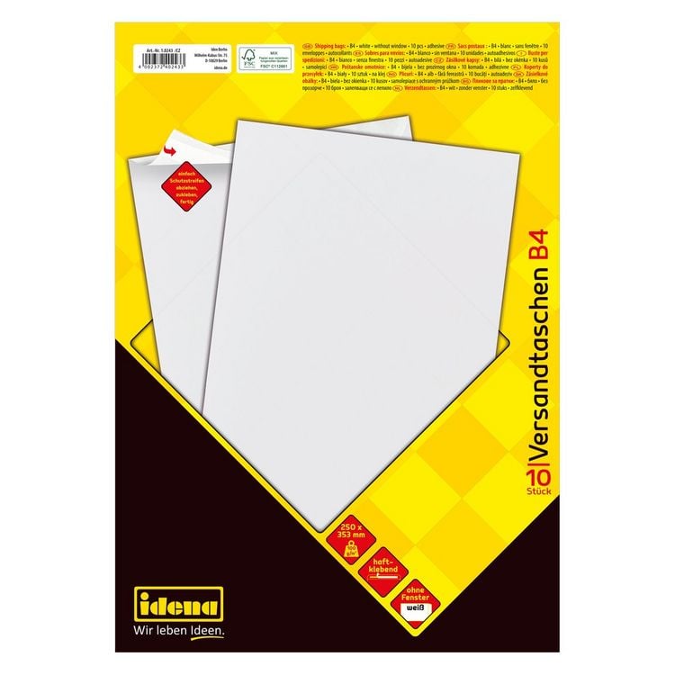 Produktbild: Idena Versandtaschen ohne Fenster haftklebend 100g/m&sup2; wei&szlig; DIN B4 10 St&uuml;ck