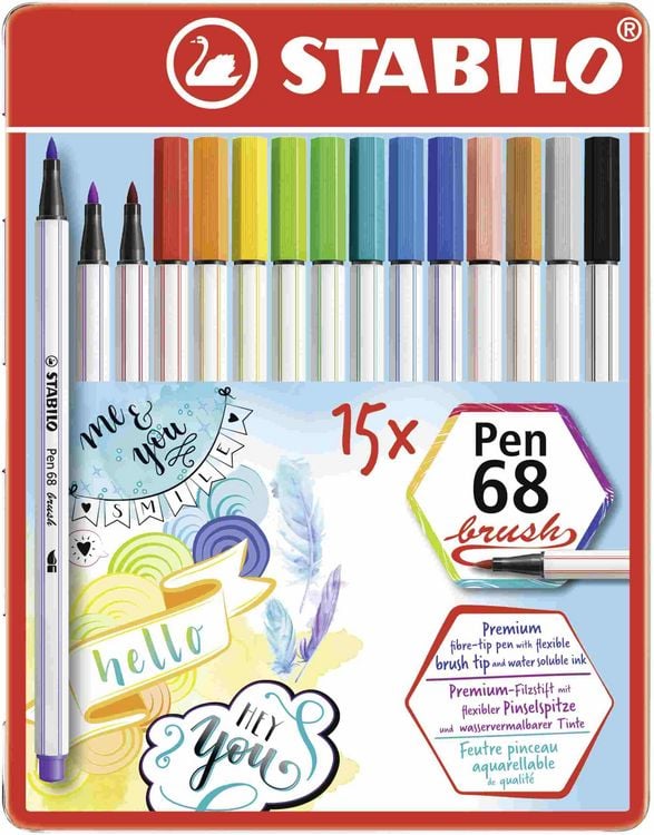 Produktbild: STABILO Premium-Filzstift mit Pinselspitze für variable Strichstärken - Pen 68 brush - 15er Metalletui - mit 15 verschiedenen Farben