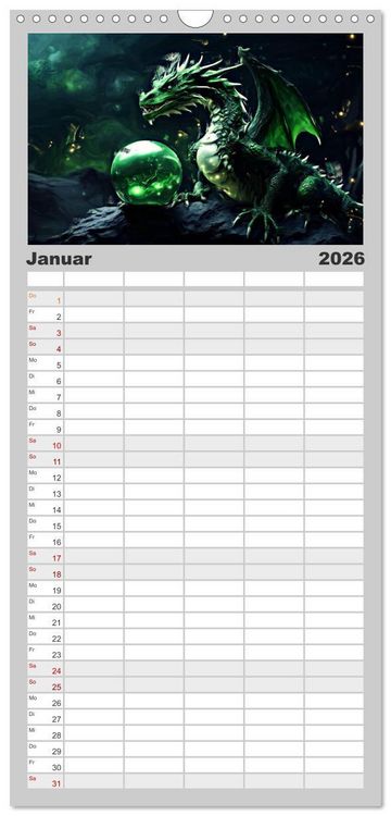Produktbild: Familienplaner 2026 - Drachen - Gef&uuml;rchtete, aber nicht immer b&ouml;se Fabelwesen mit 5 Spalten (Wandkalender, 21 x 45 cm) CALVENDO