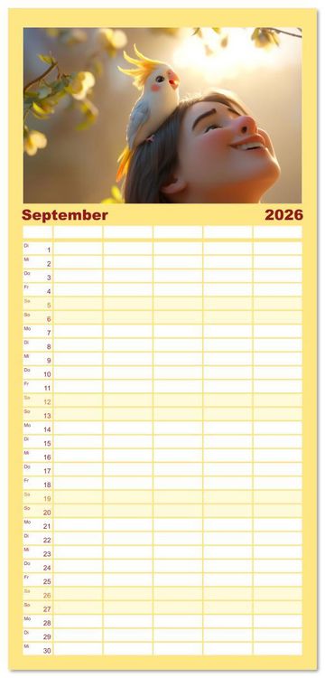 Produktbild: Familienplaner 2026 - Klein, laut, lustig - Nymphensittiche mit 5 Spalten (Wandkalender, 21 x 45 cm) CALVENDO