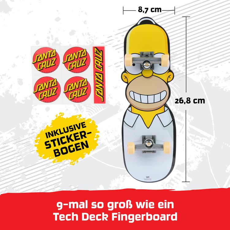 Produktbild: Tech Deck, Handboard mit Santa Cruz und Homer von The Simpsons, Mini-Skateboard f&uuml;r Tricks mit den H&auml;nden