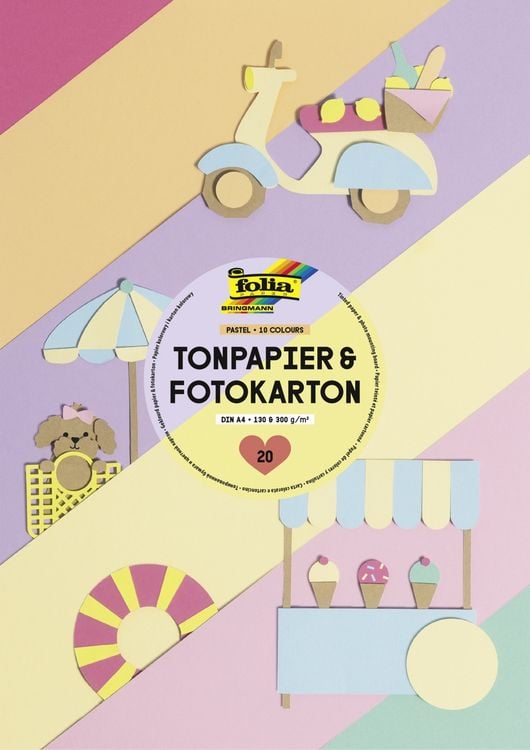 Produktbild: Folia Pastell-Block, Tonpapier und Fotokarton, DIN A4, 20 Blatt in 10 Farben sortiert