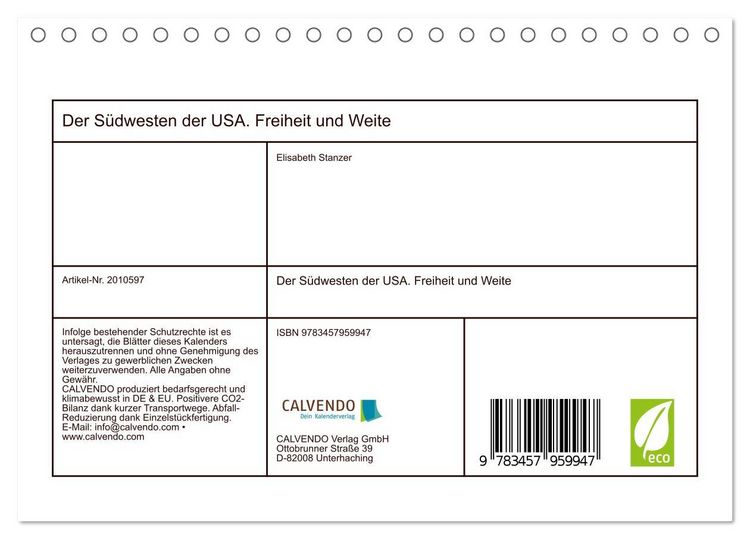 Produktbild: Der S&uuml;dwesten der USA. Freiheit und Weite (Tischkalender 2026 DIN A5 quer), CALVENDO Monatskalender