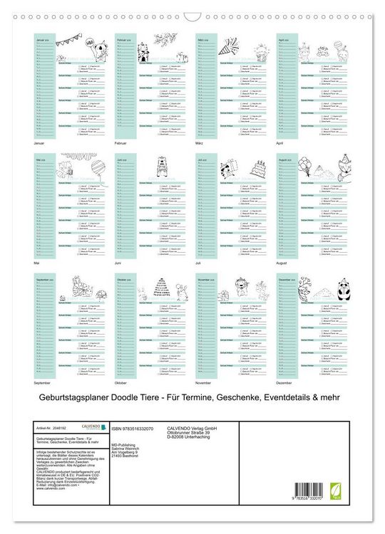 Produktbild: Geburtstagsplaner Doodle Tiere - F&uuml;r Termine, Geschenke, Eventdetails & mehr (Wandkalender 2026 DIN A2 hoch), CALVENDO Monatskalender