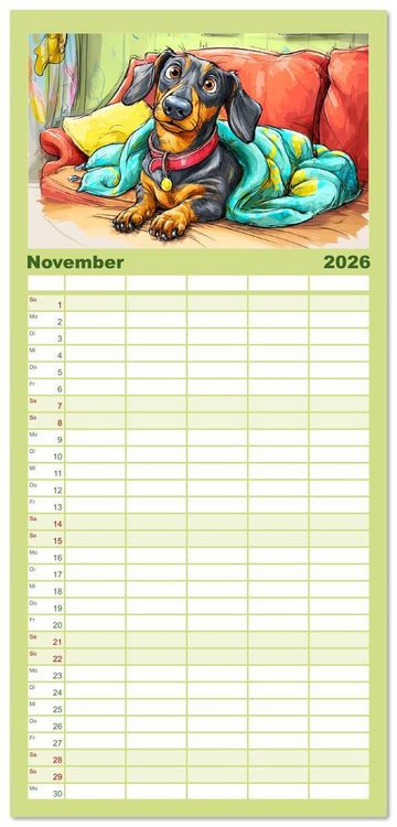 Produktbild: Familienplaner 2026 - Dackel Fun. Zauberhafte Hunde Cartoons f&uuml;rs Herz mit 5 Spalten (Wandkalender, 21 x 45 cm) CALVENDO