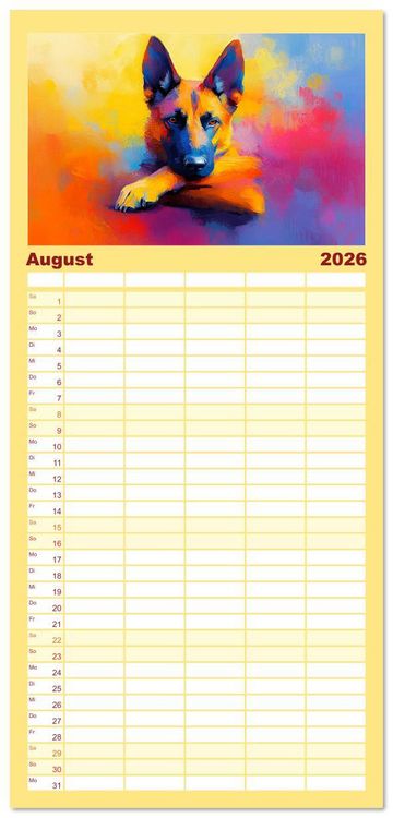 Produktbild: Familienplaner 2026 - Kraftvolle Partner. Hunde in k&uuml;nstlerischer &Ouml;loptik mit 5 Spalten (Wandkalender, 21 x 45 cm) CALVENDO