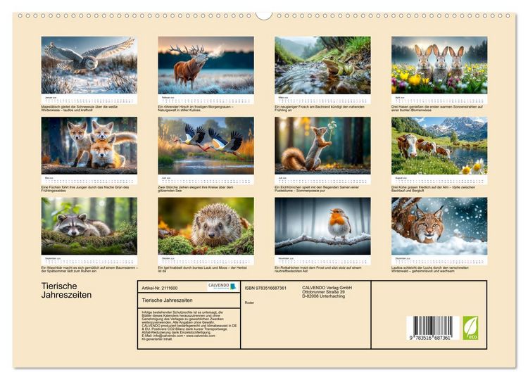 Produktbild: Tierische Jahreszeiten (hochwertiger Premium Wandkalender 2026 DIN A2 quer), Kunstdruck in Hochglanz