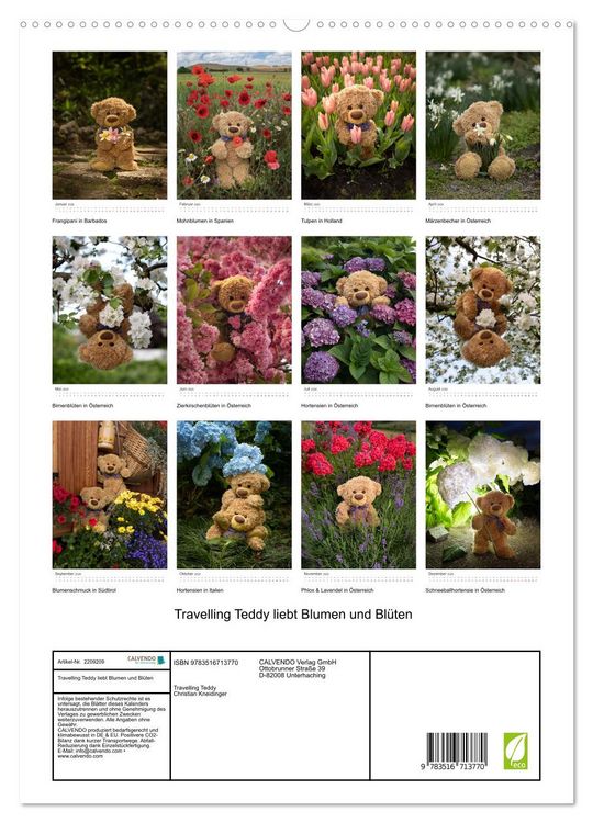 Produktbild: Travelling Teddy liebt Blumen und Bl&uuml;ten (hochwertiger Premium Wandkalender 2026 DIN A2 hoch), Kunstdruck in Hochglanz