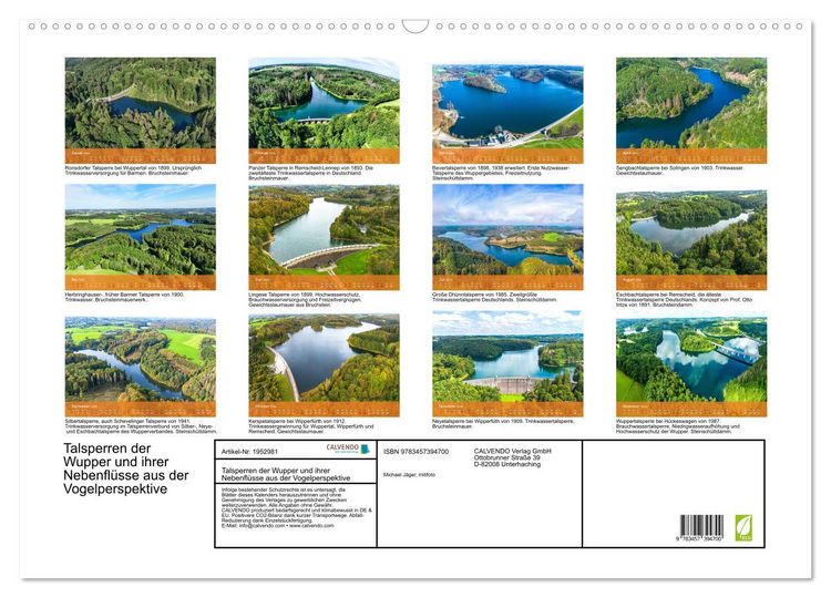 Produktbild: Talsperren der Wupper und ihrer Nebenfl&uuml;sse aus der Vogelperspektive (Wandkalender 2026 DIN A2 quer), CALVENDO Monatskalender