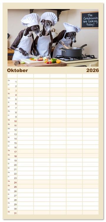 Produktbild: Familienplaner 2026 - Funny Greyhounds - Windhunde mal anders mit 5 Spalten (Wandkalender, 21 x 45 cm) CALVENDO