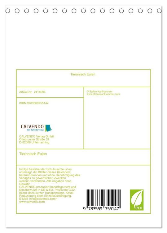 Produktbild: Tieronisch Eulen (Tischkalender 2027 DIN A5 hoch), CALVENDO Monatskalender