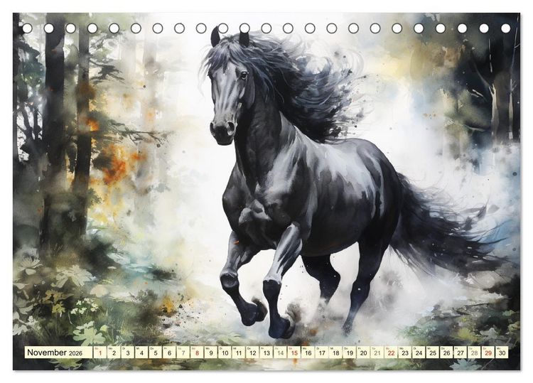 Produktbild: Pferde. Romantische Aquarelle von schwarzen Sch&ouml;nheiten (Tischkalender 2026 DIN A5 quer), CALVENDO Monatskalender