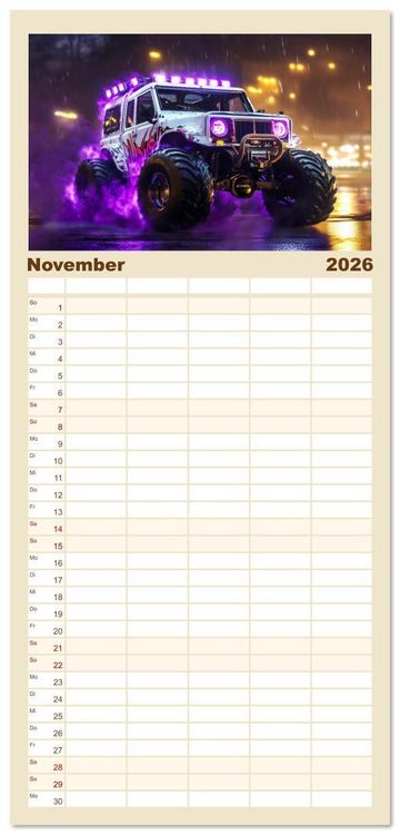 Produktbild: Familienplaner 2026 - Die Macht der Monstertrucks mit 5 Spalten (Wandkalender, 21 x 45 cm) CALVENDO