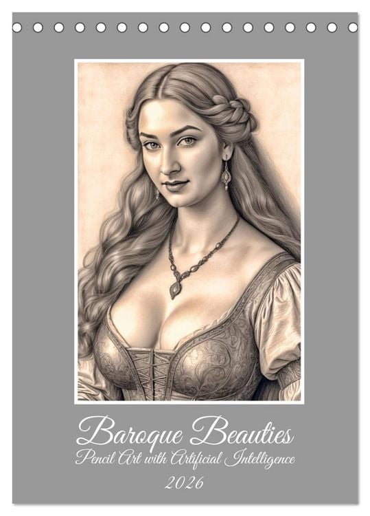 Produktbild: Baroque Beauties, Pencil Art with Artificial Intelligence (Desk Calendar 2026 DIN A5 portrait), CALVENDO 12 Month DeskCalendar