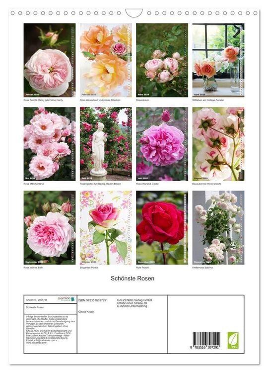 Produktbild: Sch&ouml;nste Rosen (Wandkalender 2026 DIN A3 hoch), CALVENDO Monatskalender