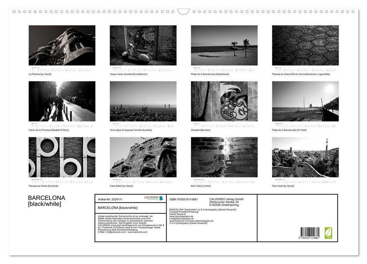 Produktbild: BARCELONA [black/white] (Wandkalender 2026 DIN A2 quer), CALVENDO Monatskalender