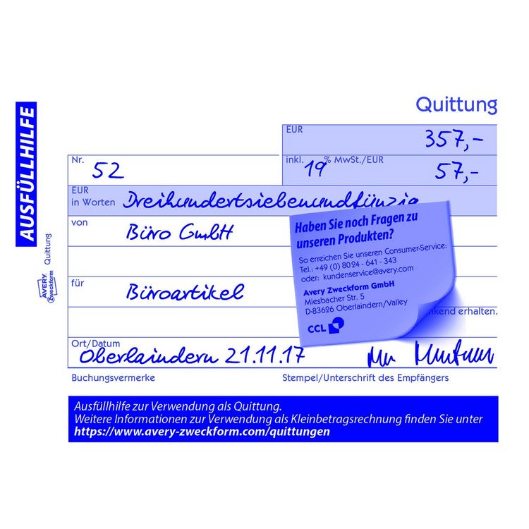 Produktbild: AVERY Zweckform Quittung inkl. MwSt. selbstdurchschreibend DIN A6 quer 2x40 Blatt