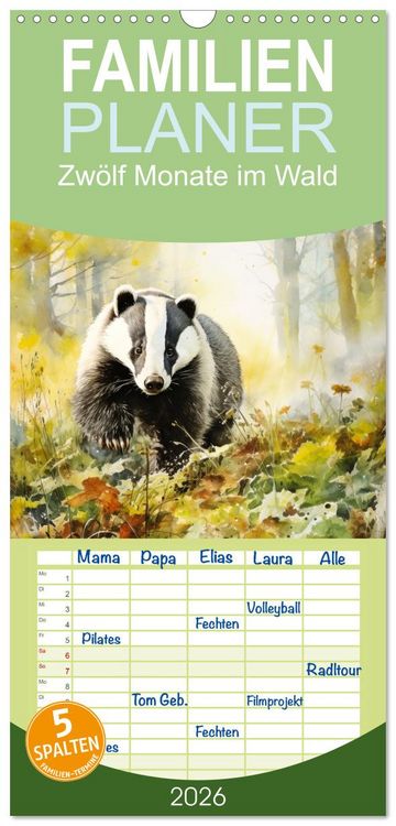 Produktbild: Familienplaner 2026 - Zw&ouml;lf Monate im Wald mit 5 Spalten (Wandkalender, 21 x 45 cm) CALVENDO