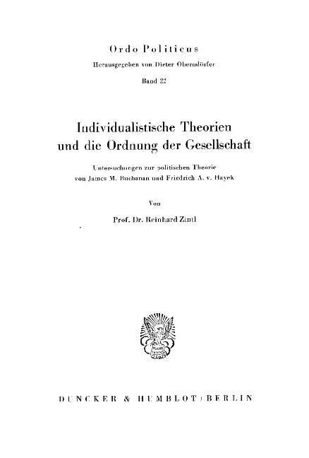 Produktbild: Individualistische Theorien und die Ordnung der Gesellschaft.