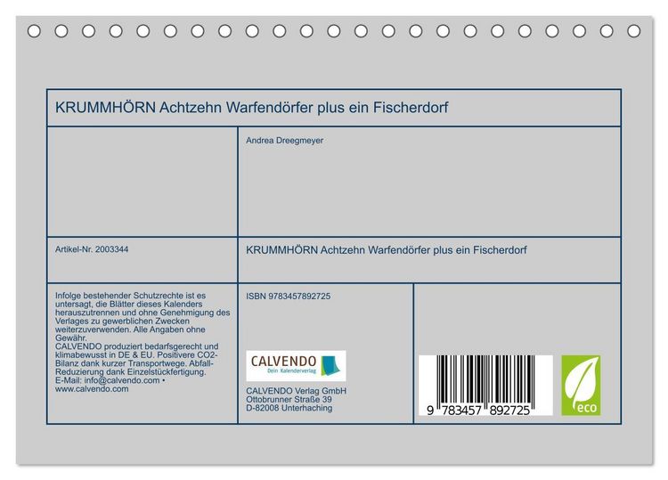 Produktbild: KRUMMH&Ouml;RN Achtzehn Warfend&ouml;rfer plus ein Fischerdorf (Tischkalender 2026 DIN A5 quer), CALVENDO Monatskalender