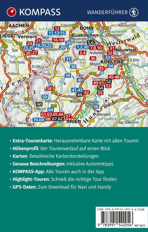 Produktbild: KOMPASS Wanderf&uuml;hrer Eifel mit Mosel, Luxemburger Schweiz und Hohem Venn, 70 Touren mit Extra-Tourenkarte