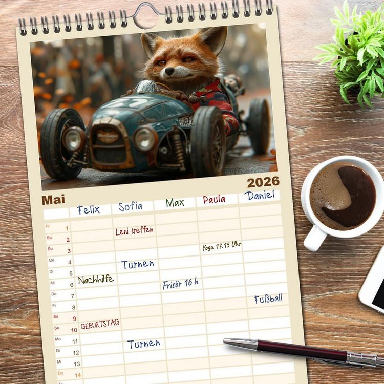Produktbild: Familienplaner 2026 - Tierische Rennfahrer - Mit Tieren im Oldtimer durch das Jahr mit 5 Spalten (Wandkalender, 21 x 45 cm) CALVENDO