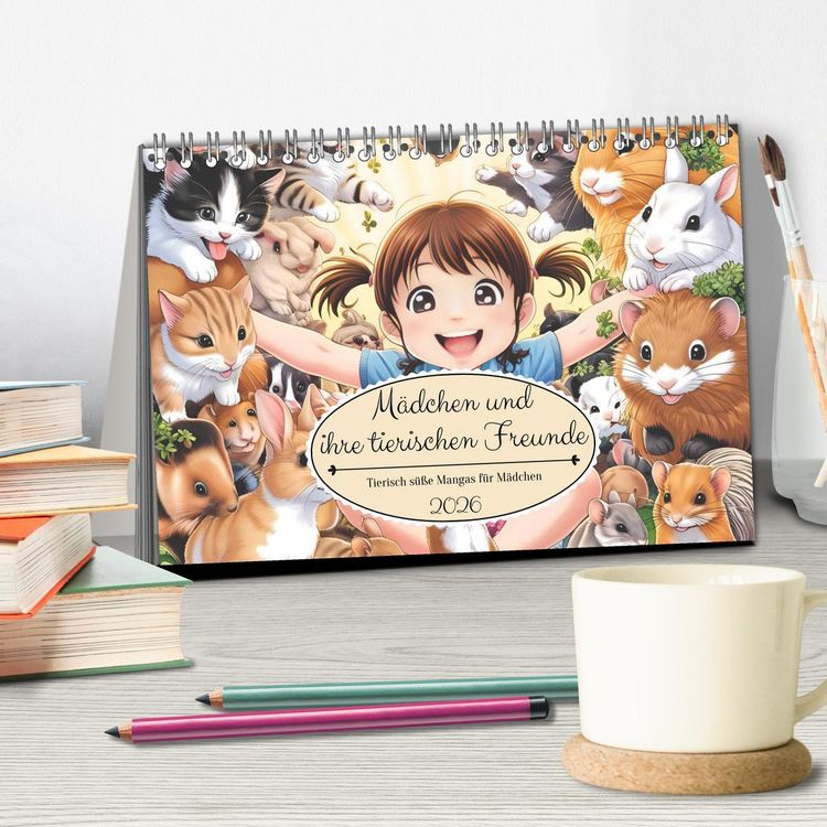Produktbild: M&auml;dchen und ihre tierischen Freunde - Tierisch s&uuml;&szlig;e Mangas f&uuml;r M&auml;dchen (Tischkalender 2026 DIN A5 quer), CALVENDO Monatskalender