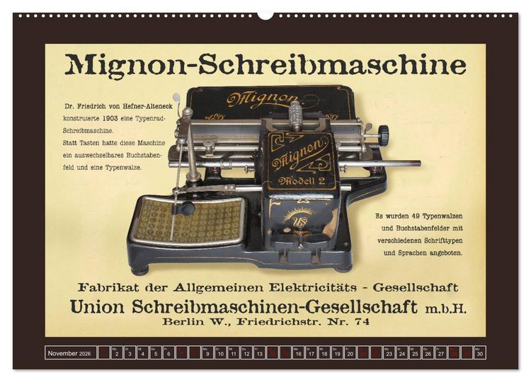 Produktbild: Schreibmaschinen um 1900 (Wandkalender 2026 DIN A2 quer), CALVENDO Monatskalender