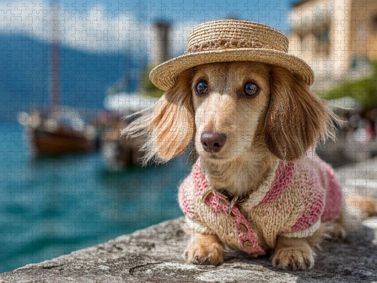 Produktbild: CALVENDO Puzzle Ein liebevoller Dackel mit Hut am Gardasee - ein charmantes Hundepuzzle f&uuml;r Erwachsene und alle, die Dackel lieben. | 1000 Teile Lege-Gr&ouml;&szlig;e 64x48cm Foto-Puzzle f&uuml;r gl&uuml;ckliche Stunden