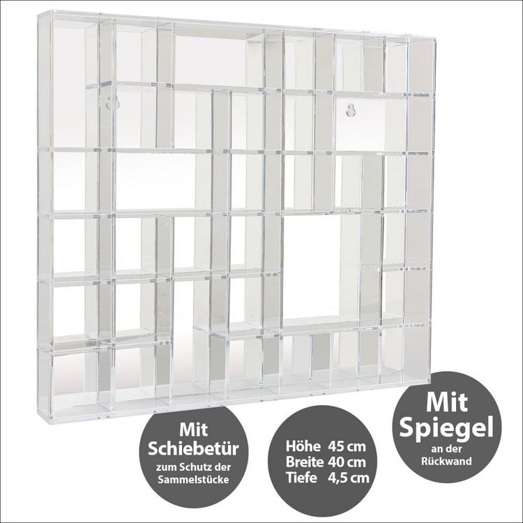Produktbild: Hochwertiger Acryl-Setzkasten mit verspiegelter R&uuml;ckwand und vorderer T&uuml;r zum aufschieben, kann komplett ge&ouml;ffnet werden. Idealer Staubschutz. F&uuml;r einfache Wandmontage, wird aufbegaut geliefert